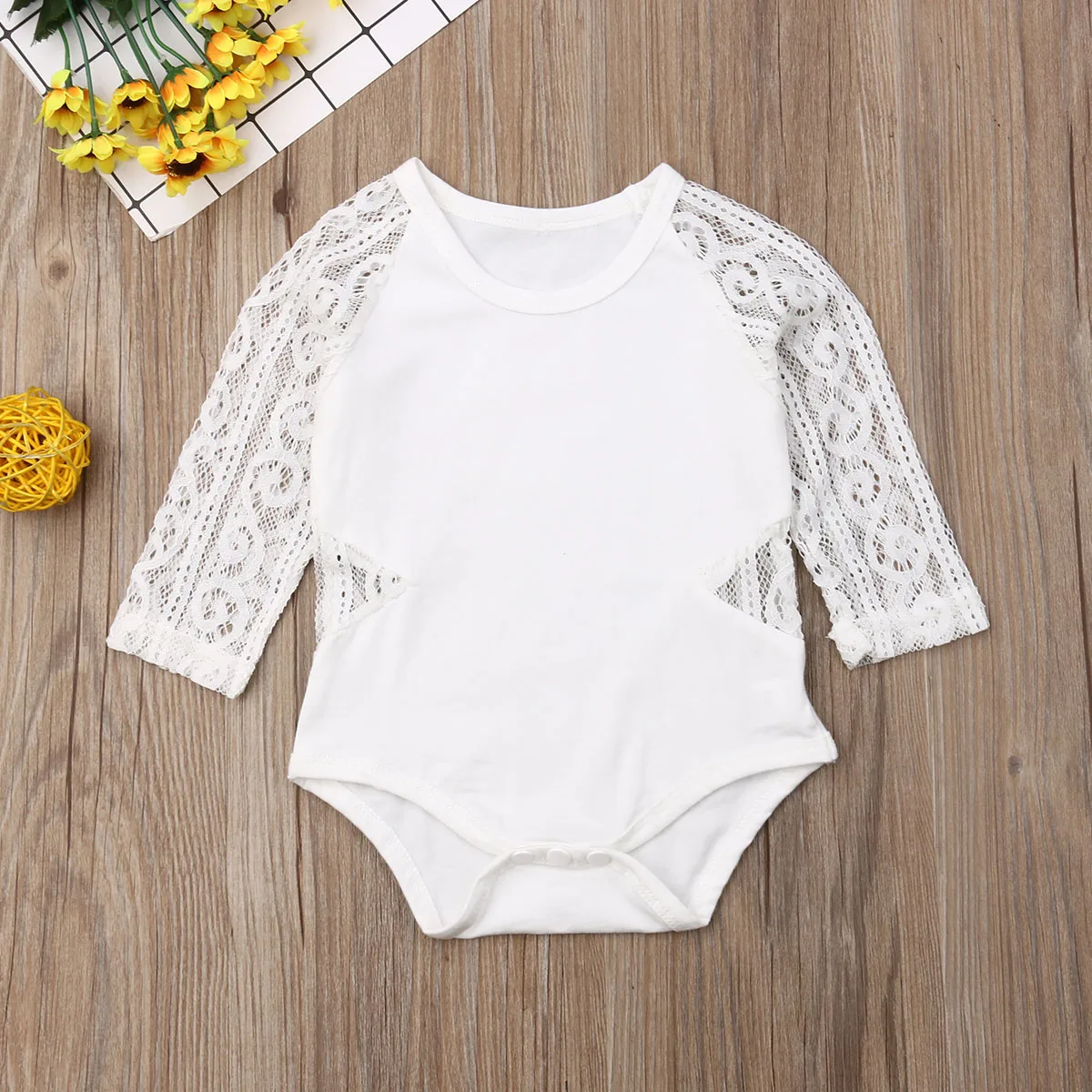 Pudcoco Newborn Baby Girl Clothes Solid Color Long Sleeve Lace Flower