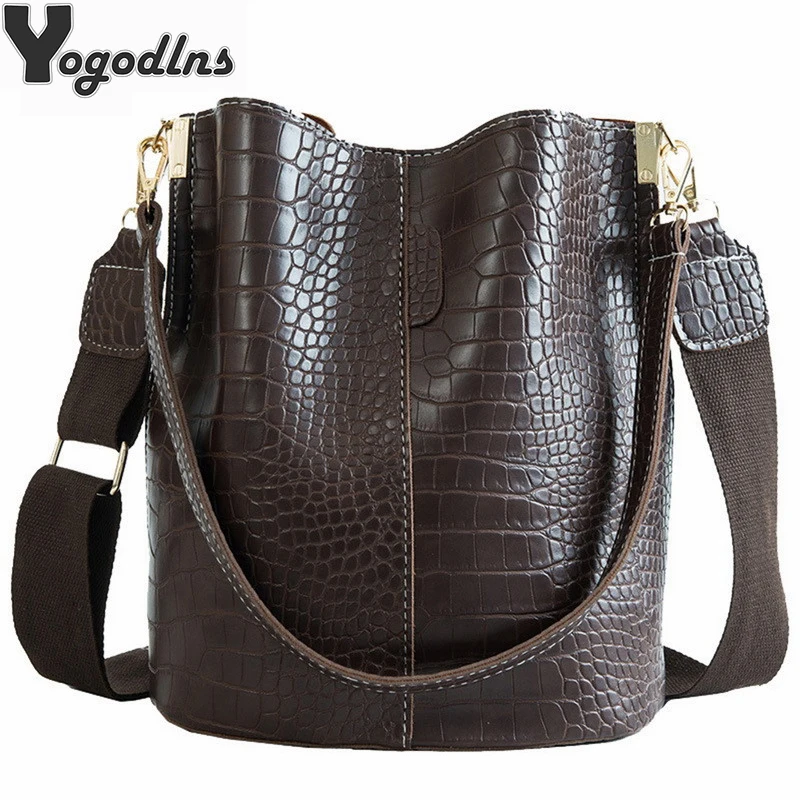 Vintage Casual Bucket Bags for Women Shoulder Bag Alligator pattern Quality Pu Leather Messenger Bag Big Tote Popular Style 2020