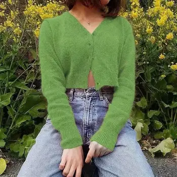 

Autumn Winter Harajuku Knitted Sweater Steetwear Solid Single-Breasted Cropped Cardigan Streetwear V-Neck Loose Sweater