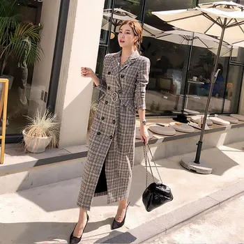 

NEW 2019 Winter Runway Designer Women Vintage Notched Collar Wrap Gray Plaid Maxi Coat Double-Breasted Long Trench Coat Outwear