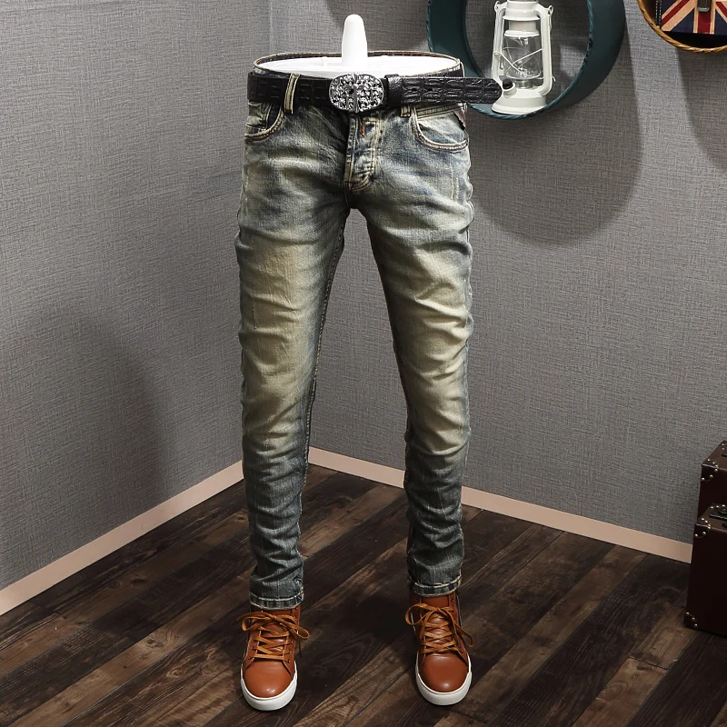 Italian Vintage Fashion Men Jeans Retro Yellow Wash Elastic Slim Fit Designer Jeans High Quality Streetwear Hip Hop Jeans Men Italian Vintage Fashion Men Jeans Retro Yellow Wash Elastic Slim Fit Designer Jeans High Quality Streetwear Hip Hop Jeans Men