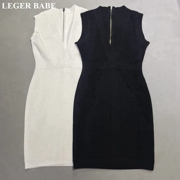 

LEGER BABE Autumn Black White Jaquard Women Bandage Dress Cocktail Party Wear Sexy V Neck Slim Bodycon Vestidos OL Dress