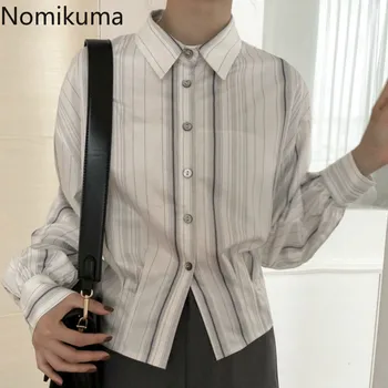 

Nomikuma Spring New Turn Down Collar Full Sleeve Vintage Blouse Women Single Breasted Slim Waist Striped Shirts Blusas Mujer