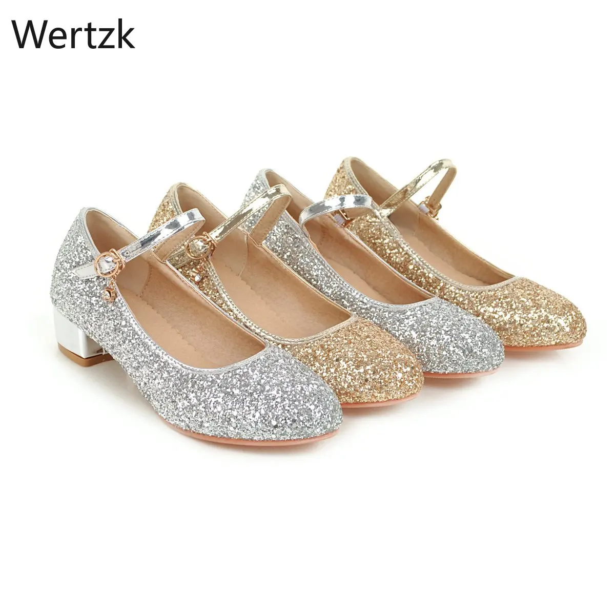 New Womens Chunky Low Heel Comfort Buckle Ankle Strap Glitter Mary Jane Shoes Round Toe Vintage Shiny Bling Dress Pumps A849