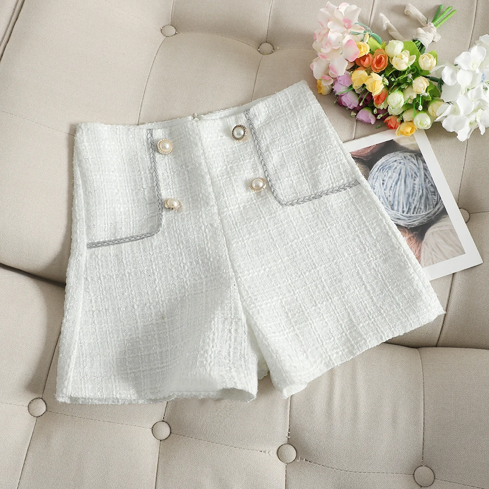 white autumn winter Tweed woolen shorts women high waist small fragrance double-breasted wide leg shorts - Цвет: white