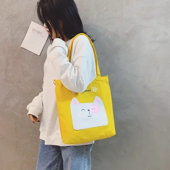 

New Japanese Cute Cat Print Fashion Canvas Shopper Bag Large-capacity Casual Simple Ladies Shoulder Crossbody Bag Bolsa Feminina