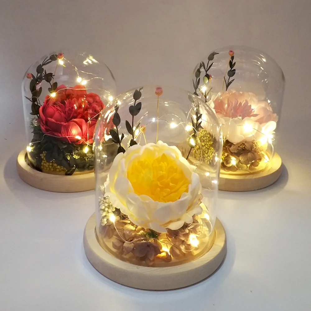 

Romantic Gift For Women Valentine's Day Dried Sunflower LED Light String In Glass Dome On Wooden Base Wedding Party Decor