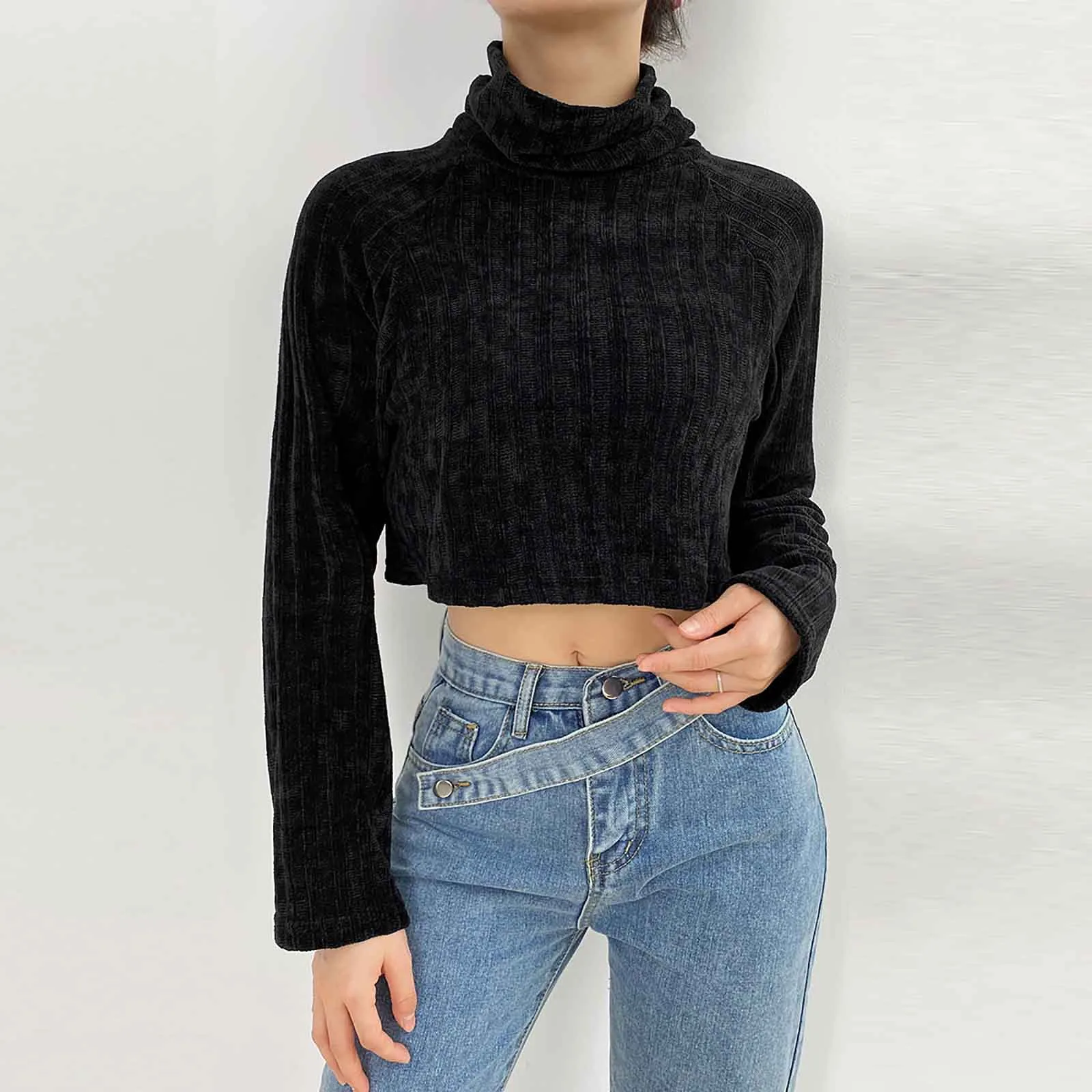 Women Blouses & Shirts O-neck Pullover Leisure Time High Collar Knitted Velvet Short Tops Women Scriptor Summo 1
