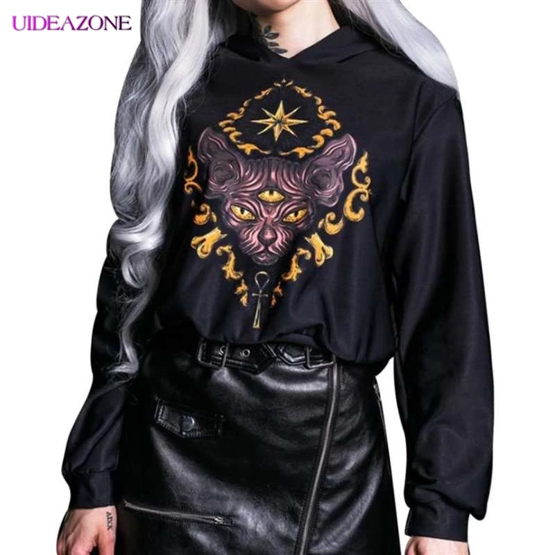 

UIDEAZONE Gothic Three-eyed Cat Print Loose Hooded Sweatshirt Casual Solid Long Sleeve Hoodie Outerwear Black 2019 Women Clothes