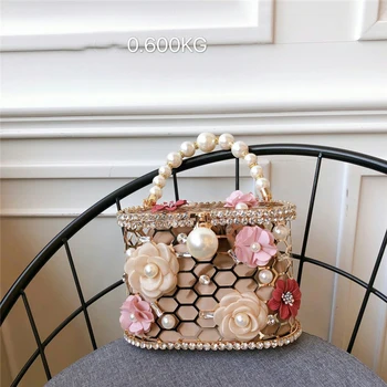 

Women Flower Handbag Elegant Pearl Cystal Metal Cage Box Evening Bags Female Night Party Wedding Small Clutch Purse Hollow Out