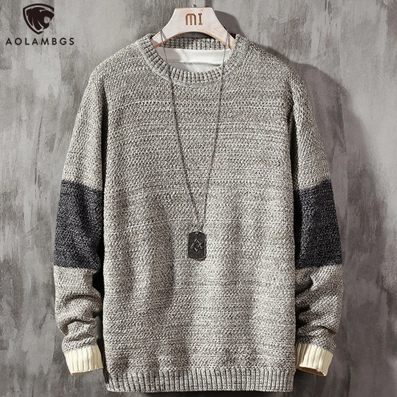 

Aolamegs Men's Japanese Sweater Knitted Pullover Fashion Loose Patchwork Color Jumper Autumn Winter Warm All-match Knittwear