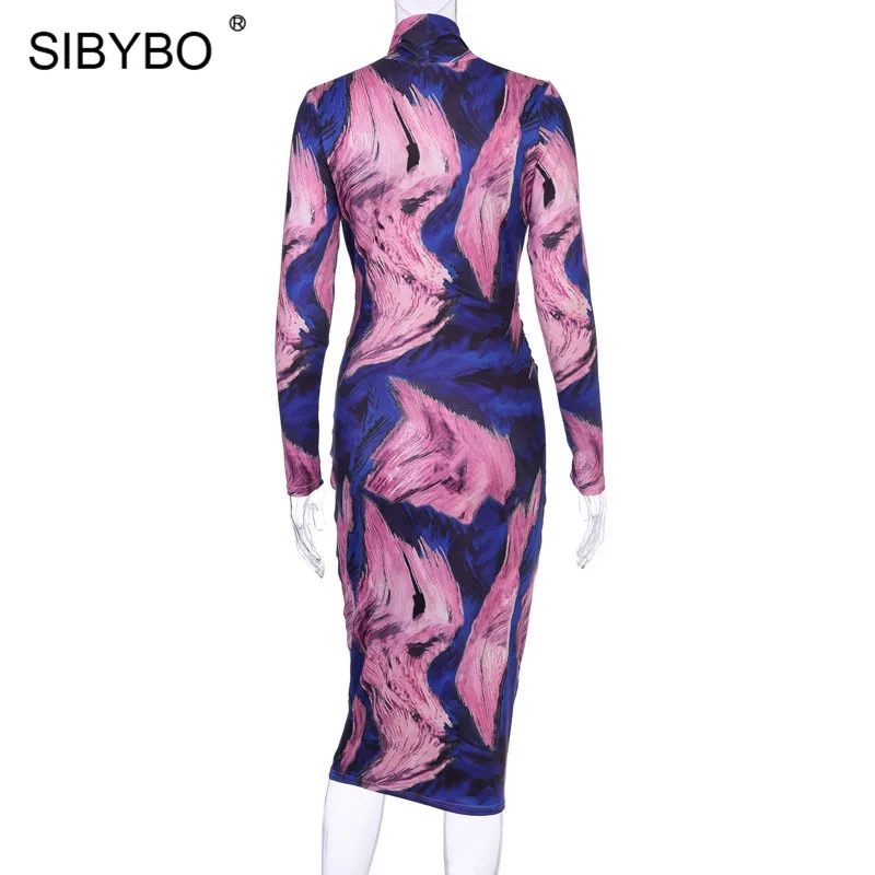 SIBYBO принт тай-Дай сексуальное нижнее белье с глубоким v-образным вырезом Длинные вечерние платья с длинным рукавом сексуальное облегающее женское платье уличная весенние повседневные платья для Для женщин