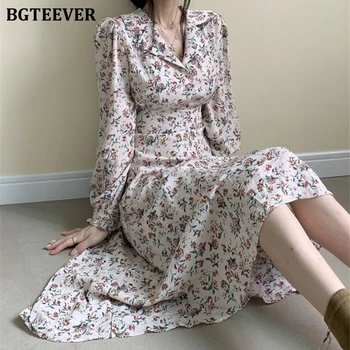 

BGTEEVER Spring Turn-down Collar Floral Print Women Dress 2020 Full Sleeve Lace-up Waist Mid-calf Dress Female Vestidos femme