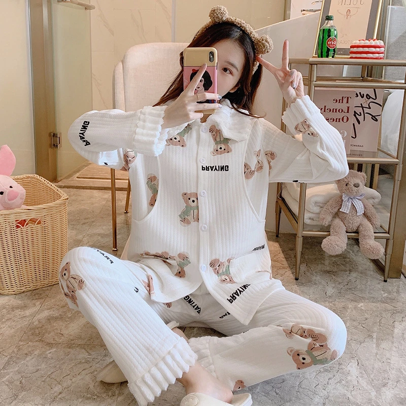 Kupokasi Cotton Nursing Pajamas Set For Pregnant Women Nightwear Cute Bear Print Lapel Winter Warm Sleepwear bedroom Suit