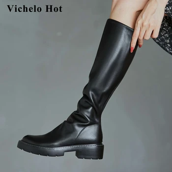 

Vichelo Hot motorcycle boots split leather pleated sewing coolest round toe thick med heel back zipper punk knee-high boots L96