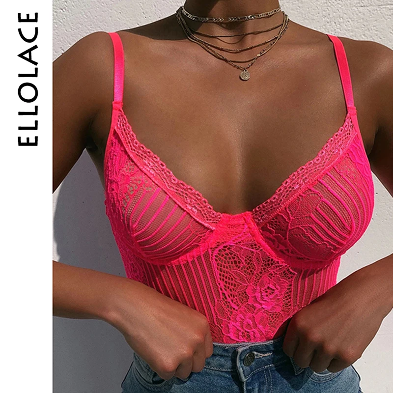 

Ellolace 2019 Neon Pink Lace Mesh Bodysuit Women Sexy Transparent Summer Backless Bodycon Overalls Female New Slim Black Bodys