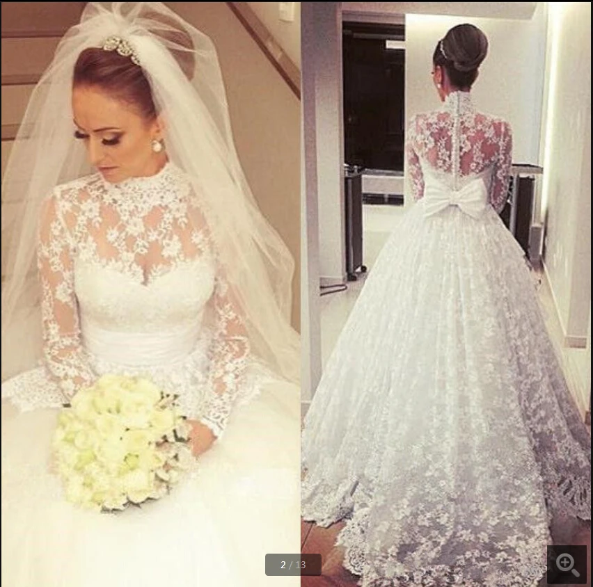 

Elegant 2020 Vintage white lace a line Wedding Dresses High Neck Long Sleeves modest Saudi Arabia Bridal Gowns with back bow
