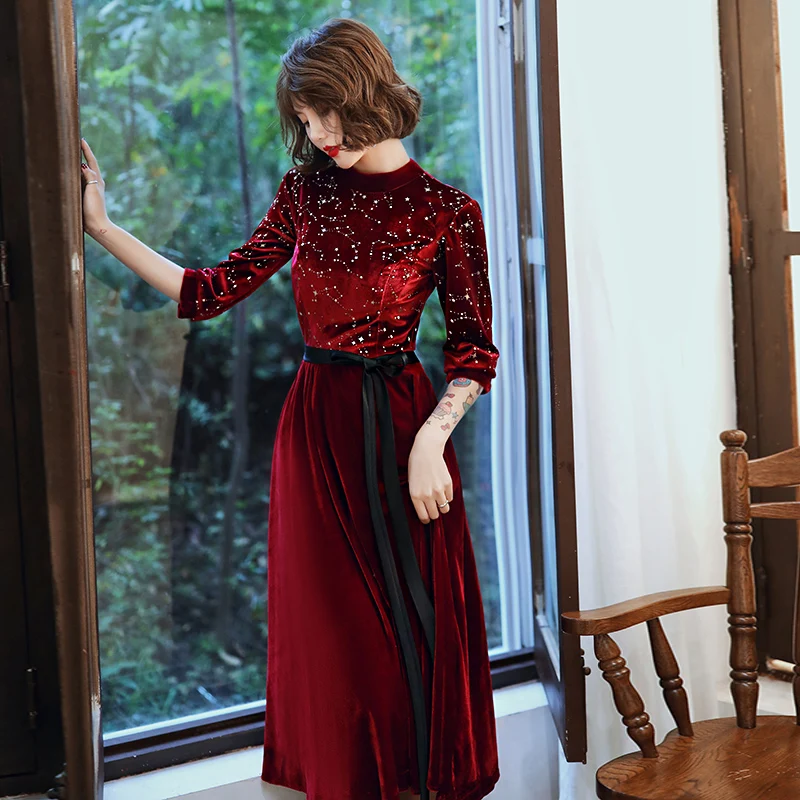 SSYFashion, новинка, винтажное велюровое коктейльное платье, банкетное, элегантное, винно-красное, рукав 3/4, длина до середины икры, вечерние платья, короткие, официальные платья - Цвет: wine red