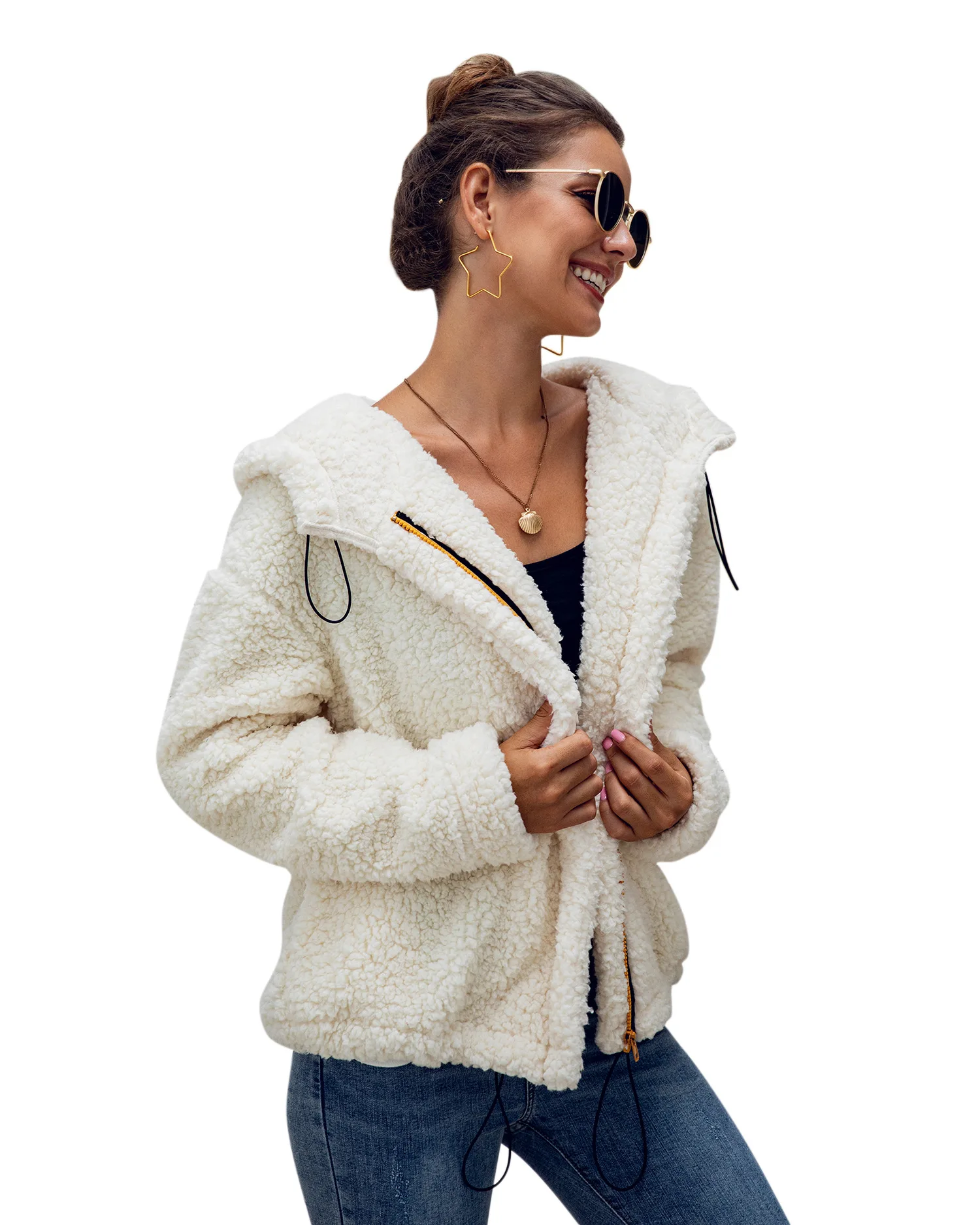 Осенне-зимнее женское пальто повседневное однотонное плюшевое пальто с карманами женское винтажное пальто с капюшоном на молнии приталенное пальто с длинным рукавом из искусственного меха белое