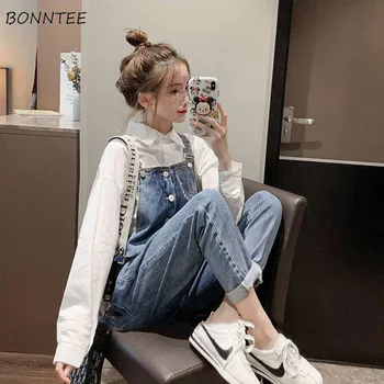 

Jumpsuits Women Denim Vintage Washed Blue Spring Overalls Single-breasted Clothes Womens Daily Button Straight Pants Rompers New