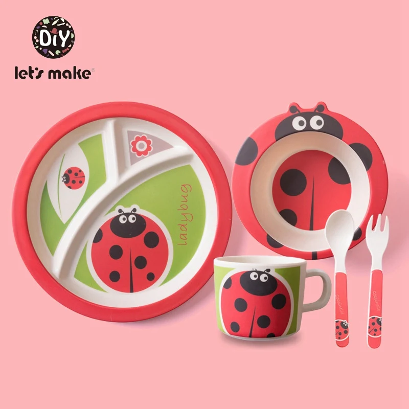 Let's Make Bamboo Baby Feeding Dinnerware Cartoon Animal Children's Dishes Plate Bowl Spoon Fork Cup Bph Free Baby Tableware Set