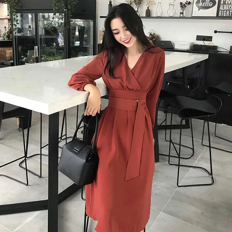One-Piece Long Sleeve For Ladies Dress 2020 Spring Autumn French Vintage Waist V-Neck Dress Women Korean Office Elegant Dresses