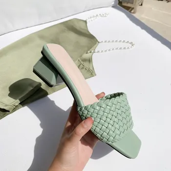 

kmeioo new brand casual shoes woman Woven sandals woman shallow pumps basic chunky heels open toe med heels big size for women