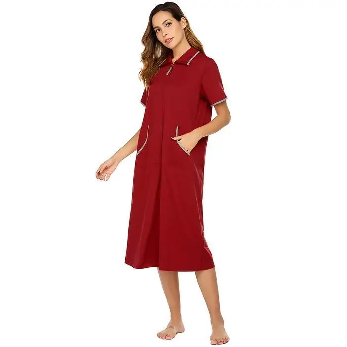 Ekouaer длинная ночная рубашка Loungewear женский воротник с коротким рукавом и молнией карман свободная одежда для сна ночнушка