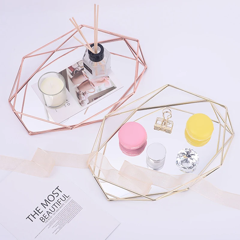  Nordic Vintage European Gold Metal Glass Storage Trays Jewelry Display Tray Cosmetic Storage Box Or