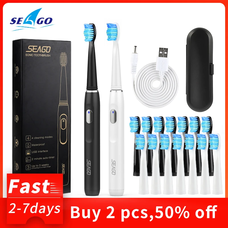 SEAGO-cepillo de dientes eléctrico recargable, y obtén uno gratis compra uno, Sónico, 4 modos de viaje, con 3 cabezales, regalo