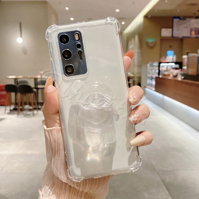 Holder Clear Cover For Samsung Galaxy S22 S20 S21 FE Ultra S10E S10 Lite S9 S8 Plus S7 Edge Case Cartoon Bear TPU Silicone