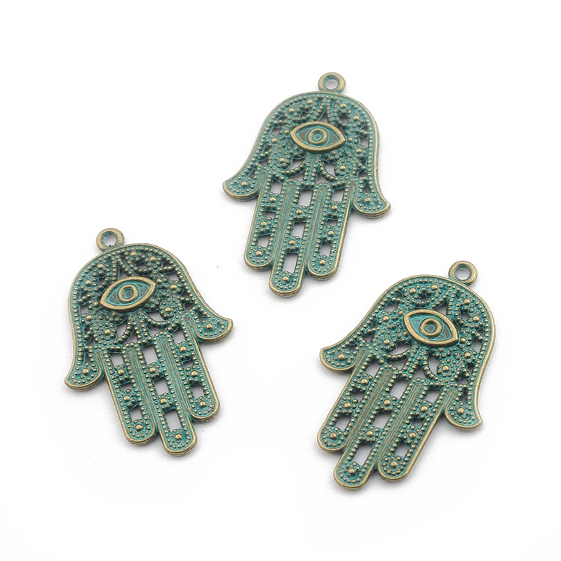 10 шт Verdigris Patina Eye Hamsa Hands Fatima пальмовые Подвески для DIY ожерелья ручной работы