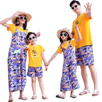 

Summer Family outfits clothing mother Girl Shirt sets father Boy cotton Orange T shirts & Printing Pants 2pcs/sets family look