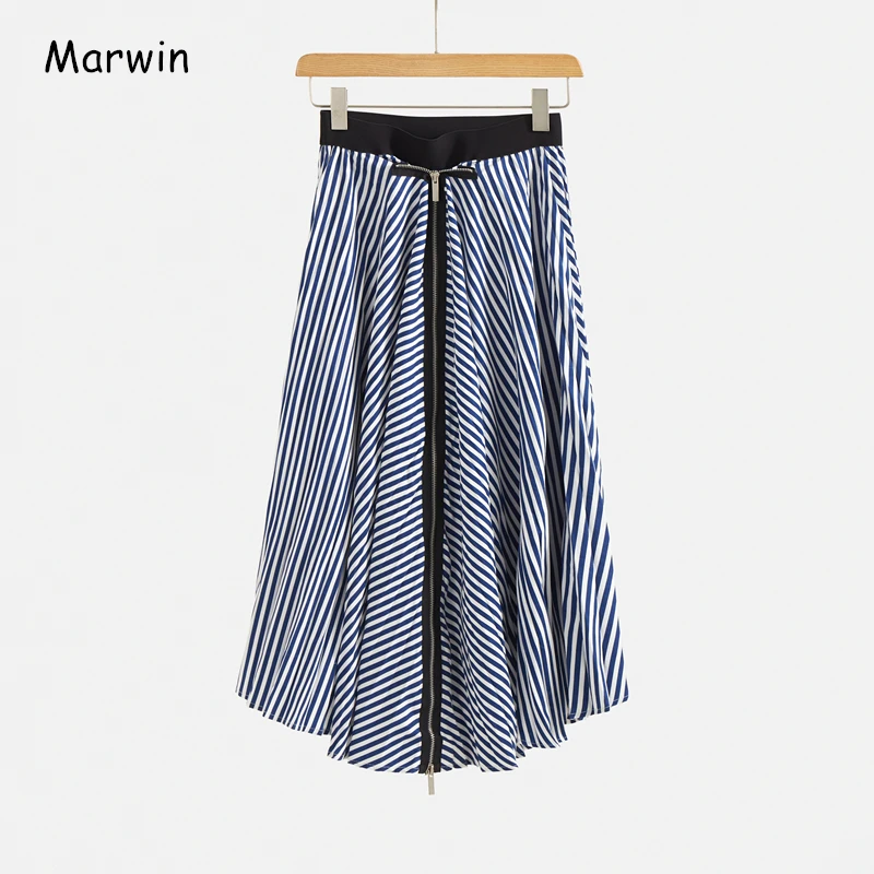 

Marwin 2020 New-Coming Spring A-line Empire Striped Print Irregular Zipper High Street Style Women Skirts Mid-calf Length