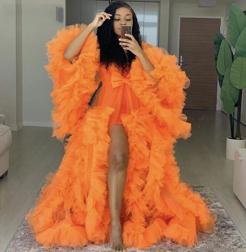

Orange Evening Dress Long Sleeve Ruffles Tulle Sexy See Through Pregnant Women Cape Maternity Evening Gown for Formal Party