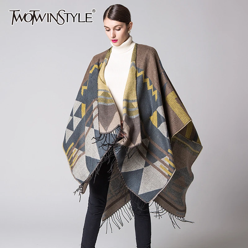 

TWOTWINSTYLE Print Geometric Patterns Cloak For Women Sleeveless Tassel Indie Folk Coats Female 2019 Autumn Oversize Fashion New