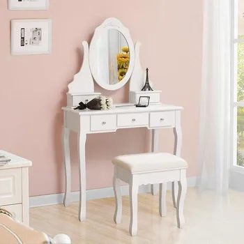 

European Style Dressing Table With Stool Beauty Mirror Make Up Table Non-slip Adjustable 4 Drawer Rubber Wood Dressing Table HWC