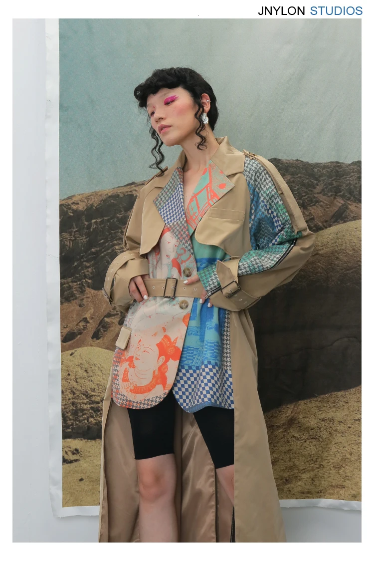 DEAT Autumn And Winte Turn-down Collar Patchwork Printed Maps Batwing Sleeves Waist Belt Female Trench Coat Loose WJ27004L