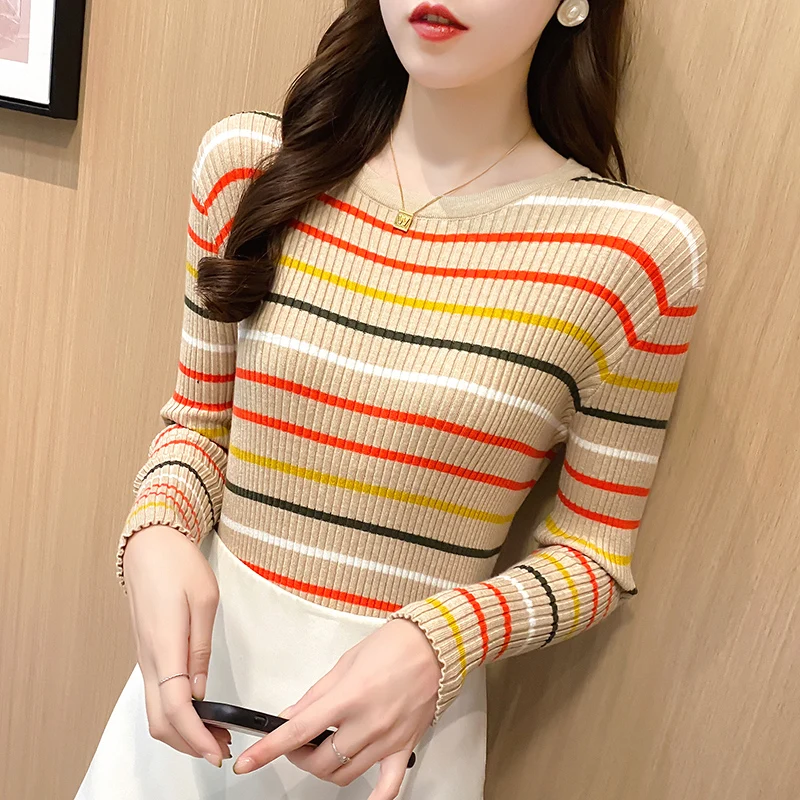 New Women Rainbow Stripe Sweater Winter Slim Long Sleeve Pullover Tops Korean Ladies Knitted Elegaht Sweaters Woman Jumper Mujer