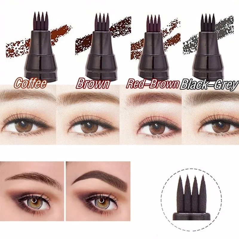 Hot 4 Colors 3D Microblading Eyebrow Tattoo Pen 4 Fork Tips Fine Sketch Liquid Eyebrow Pencil 4