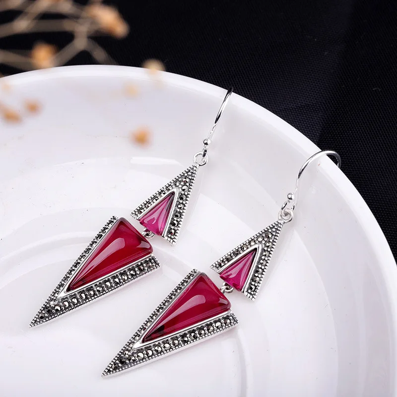 HOT PINK Винтажные модные серьги из марказита без угли для женщин, геометрические серьги-подвески с драгоценными камнями, однотонные 925 серебряные серьги, Bijoux E1544 - Цвет камня: HOT PINK