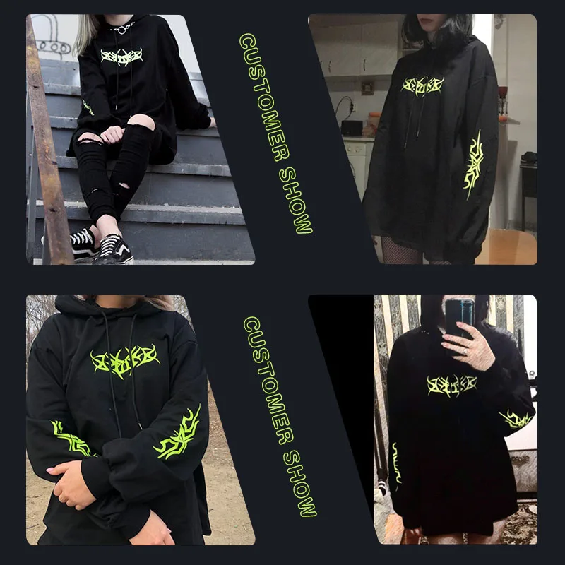 Sweetown Neon Print Oversized Gothic Hoodies Streetwear Sudadera Mujer Winter Clothes Women Long Sleeve Long Hoody Sweatshirt