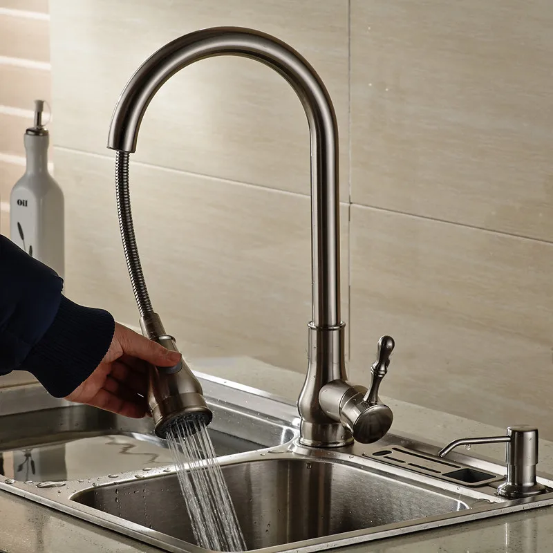 

LIUYUE Kitchen Faucets Chrome Brass Classic Kitchen Faucet Pull Out Button Flush Two Exit Modes Cold Hot Water Sink Mixer Tap