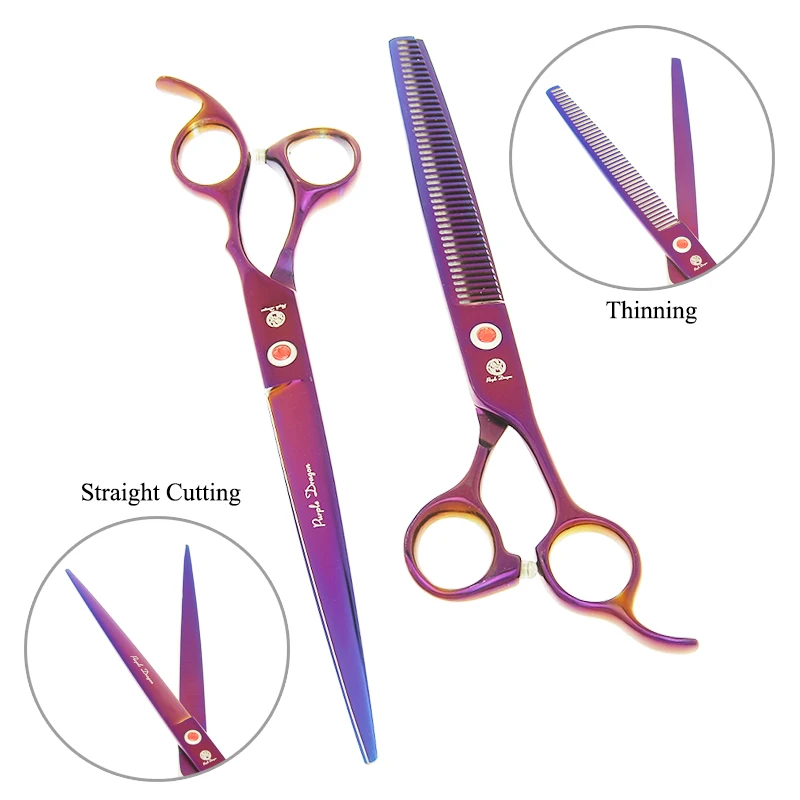 Animal em Linha Dragão Roxo Profissional Aparar Tesoura Reta Curvo Corte Desbaste Tesouras Cão Grooming B0045b 8.0 Pet 4 tesoura animal em linha reta curvo corte