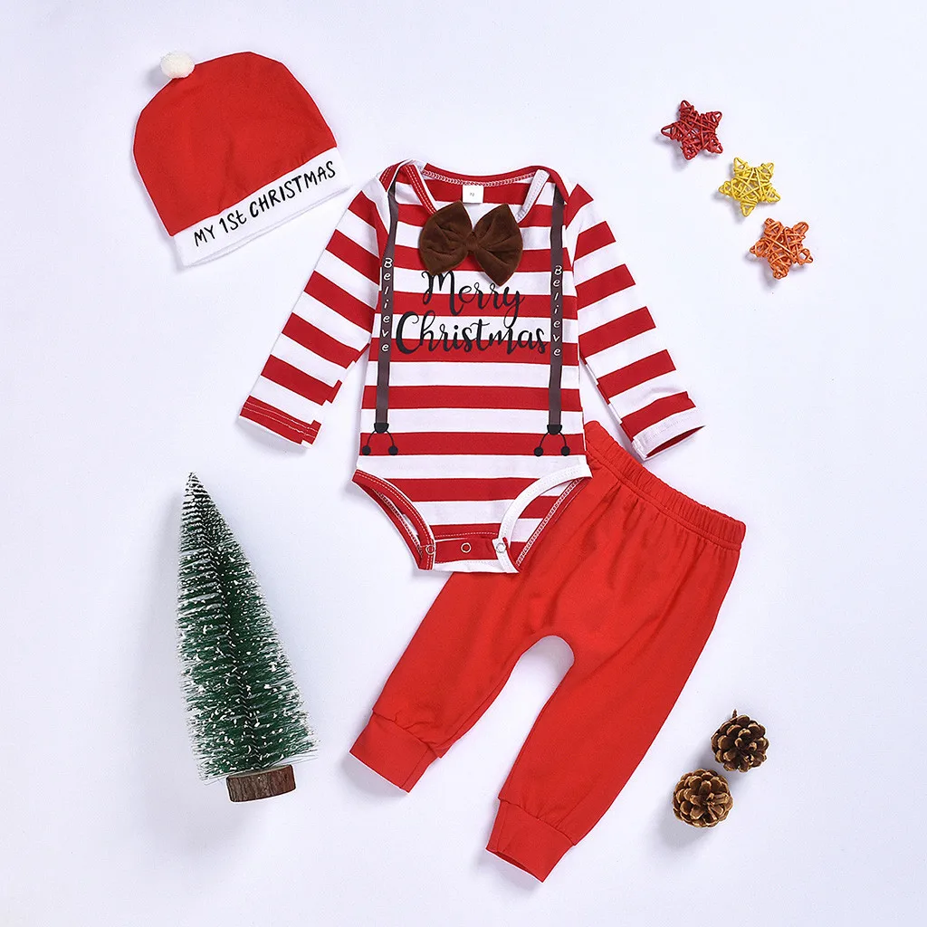 Одежда для маленьких мальчиков и девочек; Рождественский комбинезон в полоску; боди; штаны; шапки; комплект из 3 предметов; осенняя одежда; комплект одежды