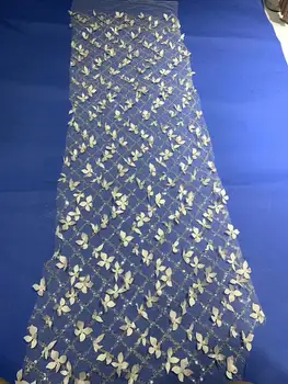 

(5yards/pc) High quality white African tulle lace 3D flowers appliqued French net lace fabric with tube beads and sequins YXF004