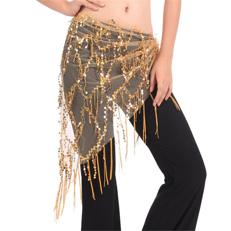 

New Belly Dance Costume Hip Scarfs Tribal Triangle Tassel Belt Gold Sequins Dancing 7644