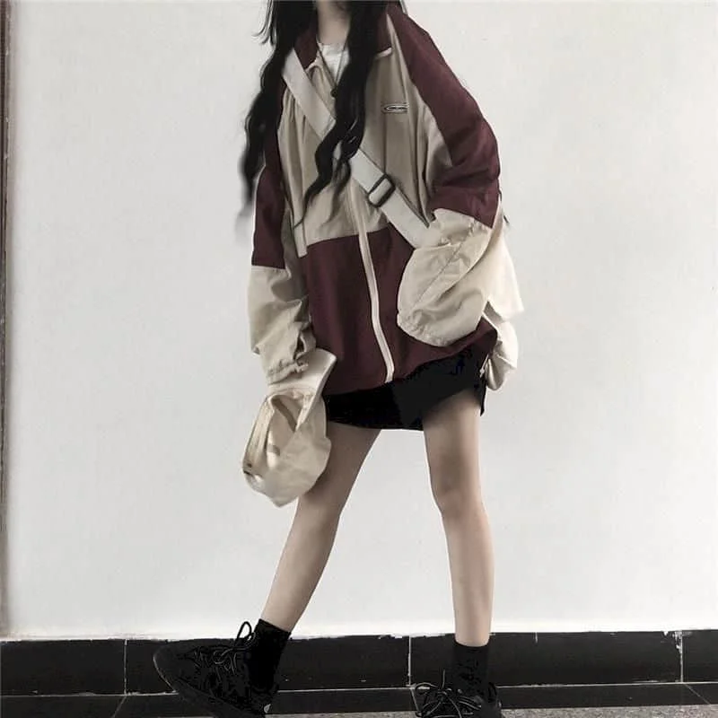 21ファッションノベルティ韓国のスプリングジャケット 対照的な色のステッチ だぶだぶ 長さ スタンドアップカラー ジッパー ヒップホップスポーツコート Aliexpress レディース衣服