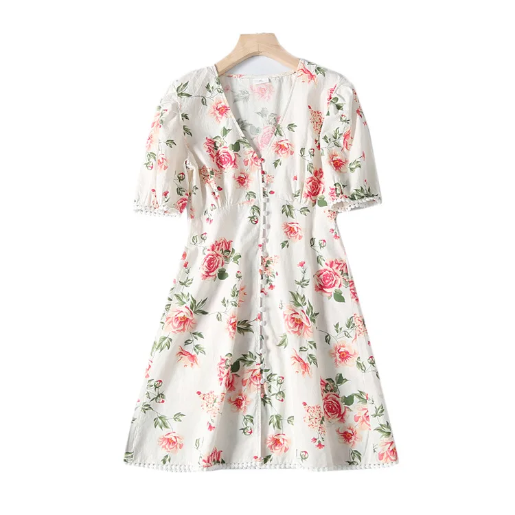 

A Generation of Exotic Vacation Style Spring Small Flower Elegant V-neck Waist Hugging Slimming Dress Small Dress Entity
