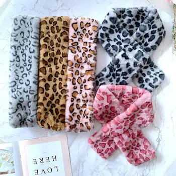 

Women Leopard Point Faux Fur Plush Warm Neck Collar Double-sided Cross Scarf